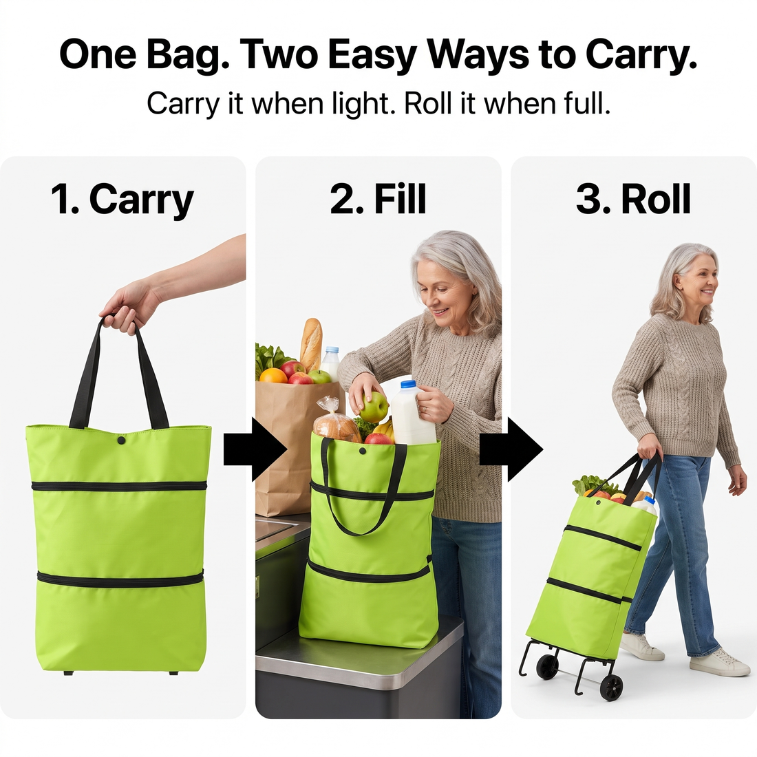 Foldable rolling shopping bag carry or roll demonstration